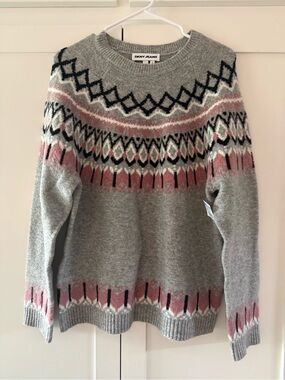 NWOT DKNY Jeans Fair Isle Sweater Large Gray Pink Nordic Cozy Winter Pullover